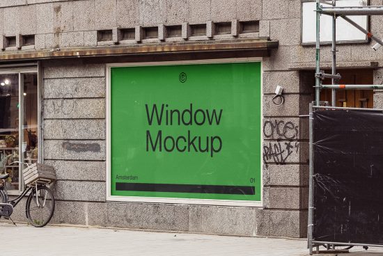 City storefront window mockup for outdoor advertising in an urban setting, perfect for realistic display of branding designs.